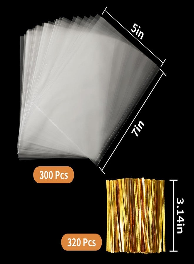 Augshy Cellophane Treat Bags, 300 Pcs 5x7 Inches Treat Cello Bags for lollipop with 320 Twist Ties, 1.4 mils Thickness OPP Plastic Bags for Packaging Candies, Dessert, Bakery, Cookies, Chocolate - Image 2